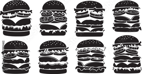 Black and white illustration of various burger designs collection