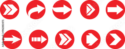 Set of white arrow icons inside red circles isolated on white background.