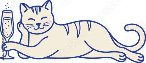 A cat lying down with a champagne glass isolated on white background
