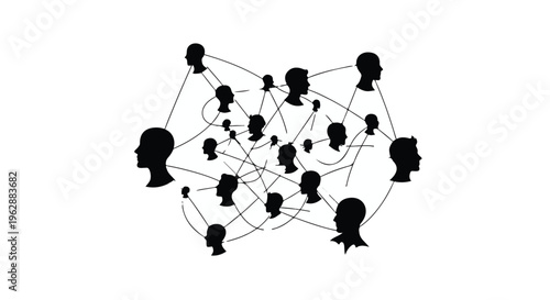 Human head silhouettes interconnected by lines and dots form a complex social network, representing global communication and community.
