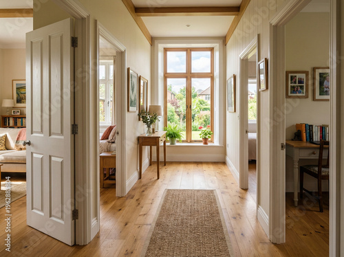 A bright and airy hallway with white doors, wooden floors, and a large window looking out to a garden, with a jute rug on the floor and various pieces of furniture and artwork in.
