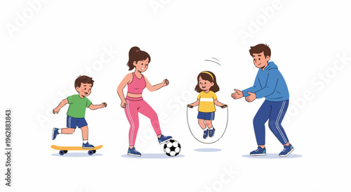 A family enjoys outdoor activities together; skateboarding, soccer, and jumping rope