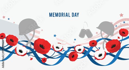A commemorative illustration with poppies, helmets, and a patriotic flag theme