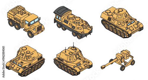 Military Transport and Railway Vehicle Isometric Icon Set – Armored Recon Train Draisine Multiview Outline