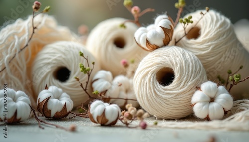 Creamy cotton yarn rolls and bolls arranged with small flowering branches. Natural textile materials for crafting sewing and eco friendly fabric production. Soft fibers detail.