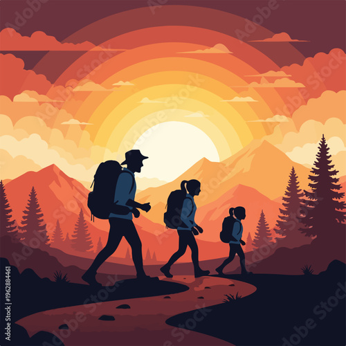 A family hikes on a trail at sunset, mountains and trees in the background