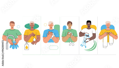 Diverse people washing their hands.