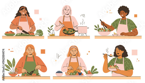 Diverse people cooking in kitchen.