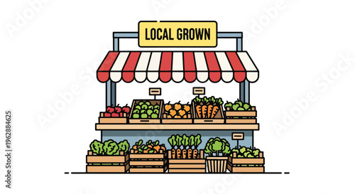 Fresh produce stand with red and white awning and local grown sign