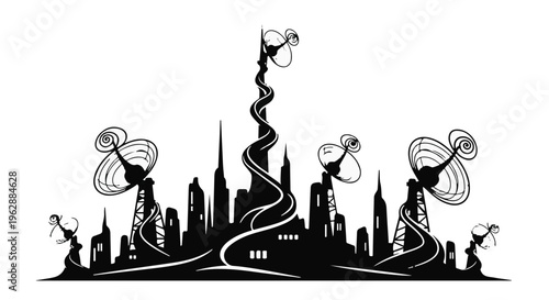 Futuristic cityscape illustration depicts tall buildings, prominent communication towers, and large satellite dishes, symbolizing advanced technology and global connectivity.