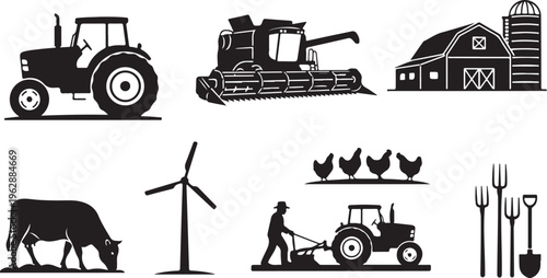 Farm Equipment and Animals Silhouette Vector Graphics Collection