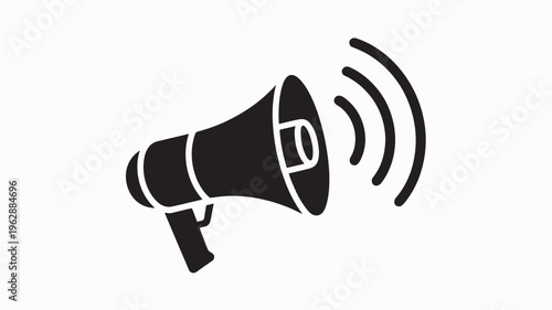 A black megaphone icon with sound waves on a white background, symbolizing public speaking and communication.