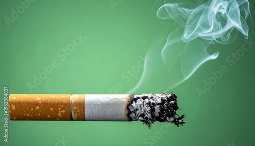 Close-up of a burning cigarette with smoke rising against a green background.
