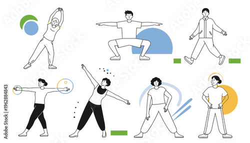 People doing various yoga poses.