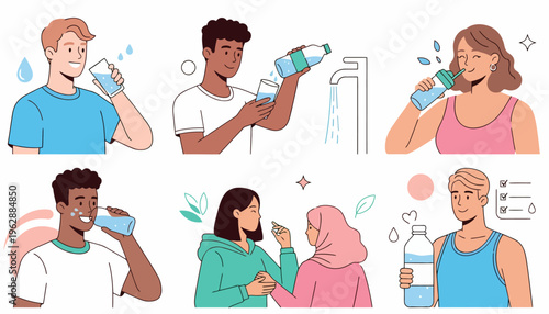 People drinking water from bottles.