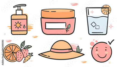 Summer skin care products and accessories.
