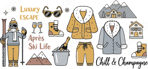 Apres Ski Winter Resort Holiday, Illustration Cartoon Collection