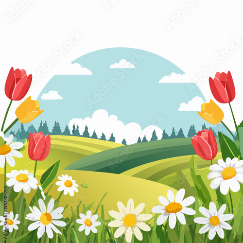 Tulip Field Landscape Spring Flowers Nature Illustration
