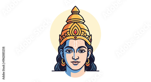 Illustration of Lord Rama's face with blue skin and gold headdress on a white background, symbolizing Ram Navami with a vibrant and spiritual mood.
