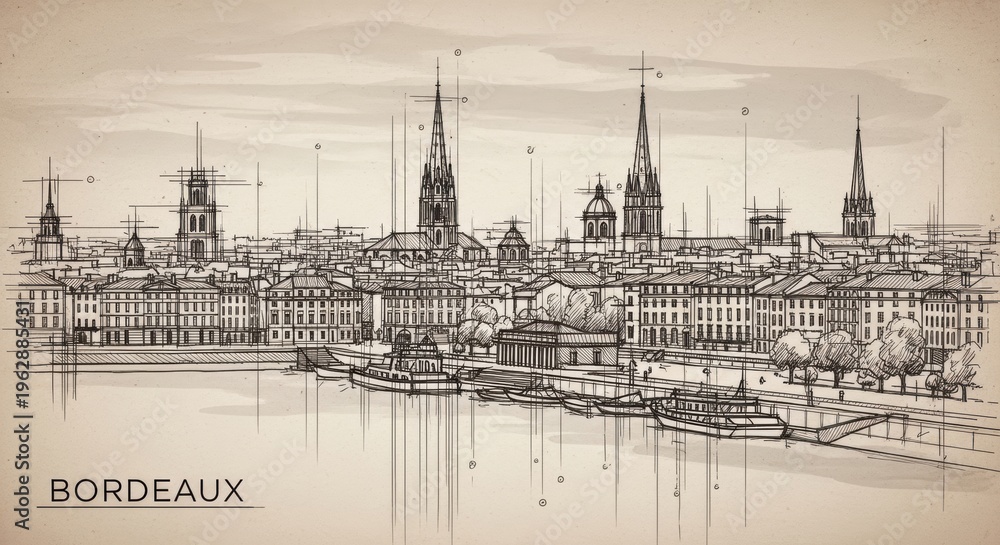Fototapeta premium Sketch of a historic european city skyline with prominent church spires and river reflections, evoking vintage travel and architecture, old town
