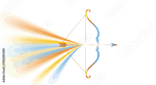 A vibrant bow and arrow illustration with colorful, streaking lights on a white background, conveying a dynamic and celebratory mood for Ram Navami.