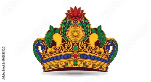 A vibrant, ornate crown with intricate designs and colorful gemstones, symbolizing royalty and grandeur, against a plain background, shot with bright, jewel-toned lighting.