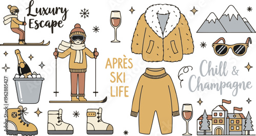 Apres Ski Winter Resort Holiday, Illustration Cartoon Collection
