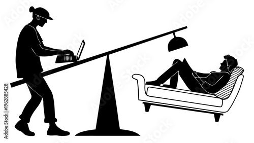 Silhouette of man working on laptop on seesaw with relaxed man on couch contrasting work and leisure lifestyle concepts