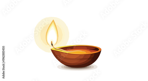 Traditional clay diya lamp with a lit wick on a white background, symbolizing Ram Navami celebrations with warm, golden tones and soft lighting.