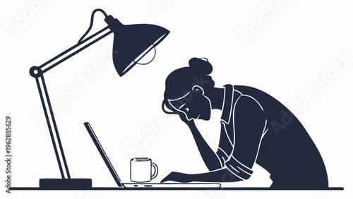 Person working late at night with laptop and coffee feeling exhausted and stressed in a dark room with a lamp