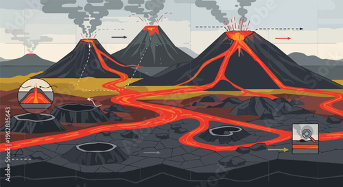 A diagram depicts a volcanic eruption and lava flows across a desolate landscape