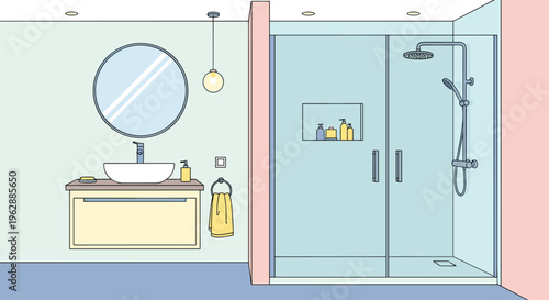 Modern bathroom shower and sink area.