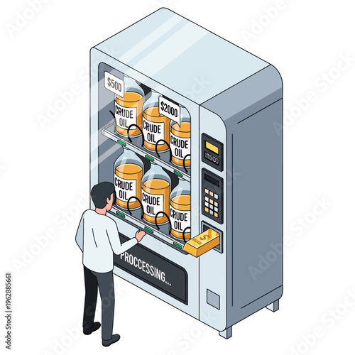 Crude Oil Vending Machine Illustration - Energy Resource Processing and Automated Sales Concept for Investment and Finance