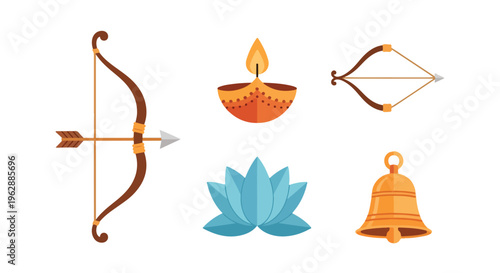 Flat lay illustration of Hindu festival symbols including a bow and arrow, diya lamp, lotus flower, bell, and bow for Ram Navami celebrations on a white background with warm, spiritual