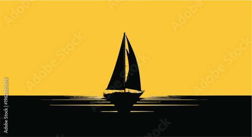 Sailboat silhouette glides peacefully across calm waters under a vibrant golden sky, creating a serene and minimalist scene perfect for travel and leisure themes.