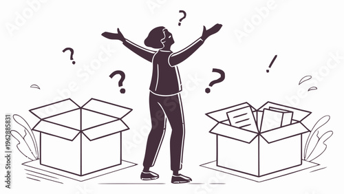Person surrounded by open boxes with question marks symbolizing confusion and decision making in business or daily life