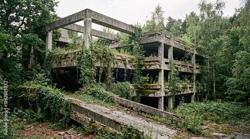 Overgrown vegetation reclaiming abandoned brutalist concrete parking structures, stark harsh geometry of grey concrete softened by cascading vines.