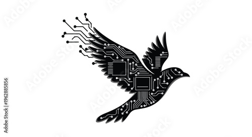 Digital dove illustration created from circuit board patterns and microchips spreads its wings, symbolizing technological advancement, freedom, and connectivity on a stark white background.