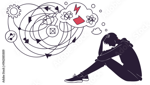 Person sitting with head down surrounded by chaotic thought bubbles and symbols representing mental overwhelm and stress