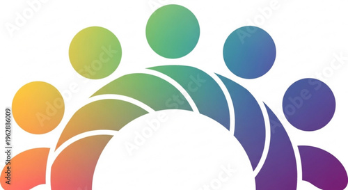 Diverse group of people forming a circle with rainbow colors symbolizing unity and diversity in a modern flat design
