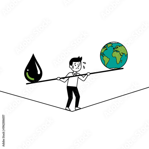 Climate Change Illustration Man Balancing Earth and Water Drop Concept Environmental Crisis Global Warming Responsibility Sustainability Awareness