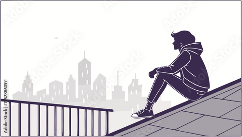 Person sitting on rooftop edge overlooking cityscape in contemplative mood at dusk