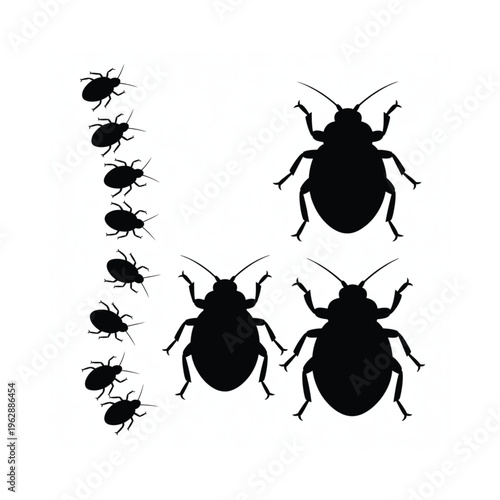 A line of silhouetted cockroaches with a larger isolated insect