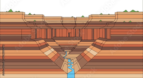 A geometric illustration of a canyon with layered rock and a river