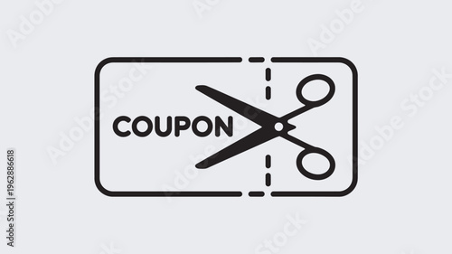 A black and white illustration of a coupon with scissors cutting it in half on a light gray background.