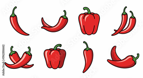 Variety of red chili peppers and bell peppers arranged in rows on a plain surface for cooking or recipe use