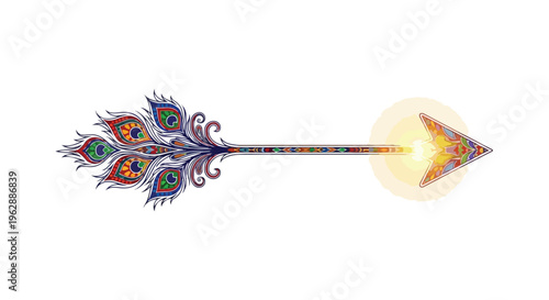 A colorful, ornate arrow with peacock feathers and a glowing yellow tip against a plain white background, symbolizing Ram Navami.