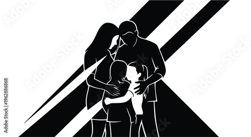 Silhouettes of a family unit including two adults and two children stand close together in an affectionate embrace against diagonal graphic lines.