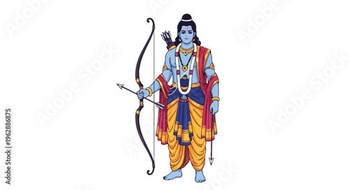 Illustration of Lord Rama, a revered figure in Hinduism, standing with a bow and arrow, dressed in traditional attire, symbolizing courage and righteousness on Ram Navami.