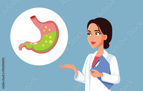 Gastroenterologist Points to an Acidic Stomach Illustration. Doctor introducing medical explanation using a visual aid to inform a patient 